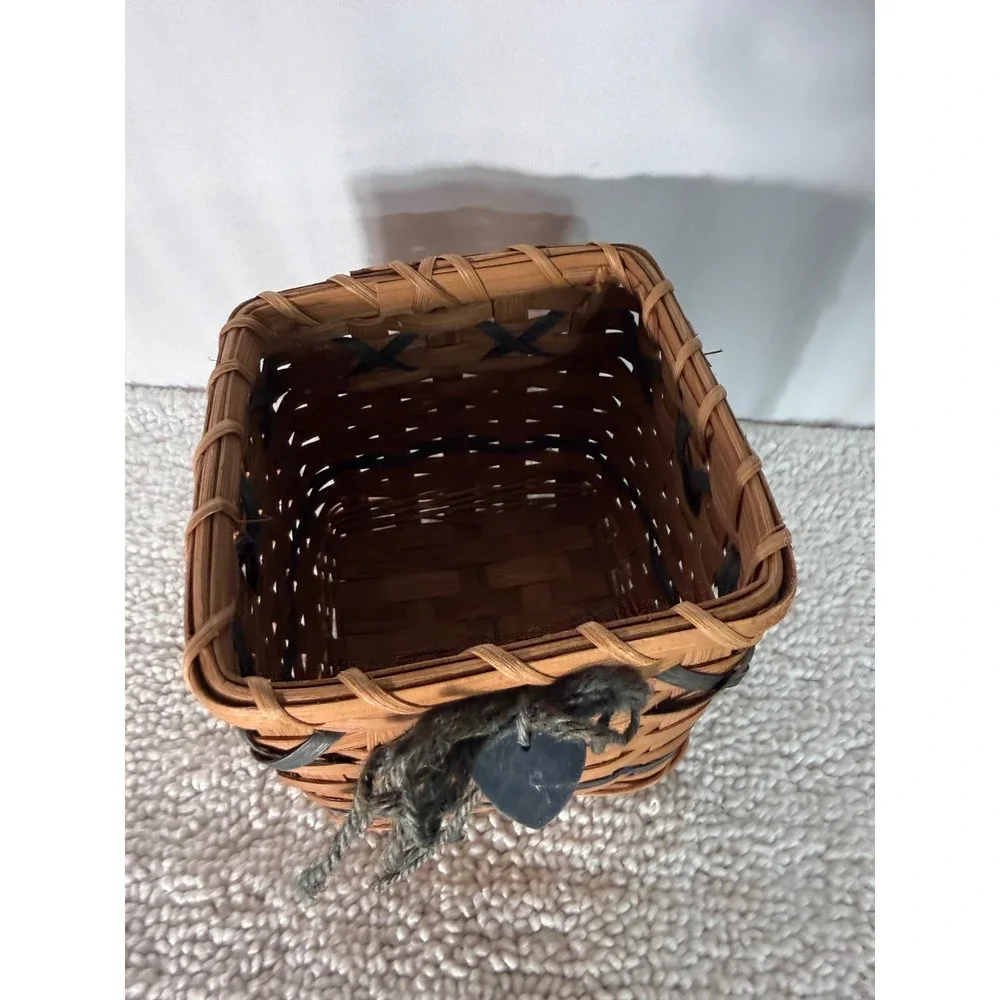 Vintage Rustic Woven Square Kleenex Basket with Wood Heart Lid and Metal Handle